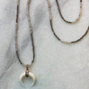 White Topaz Pavé Horn on Moonstone and Pyrite Necklace