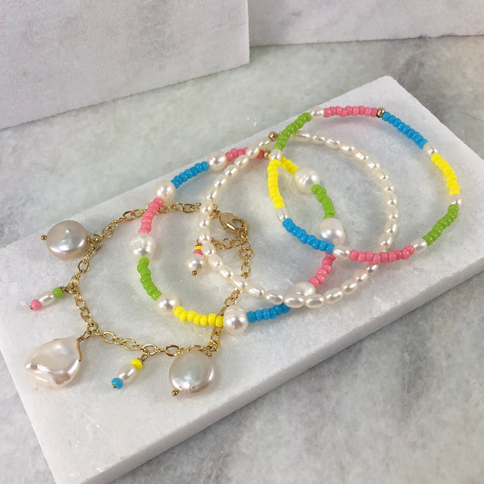 Rainbow Pearl Elastic Bracelet Project with Charm Bracelet